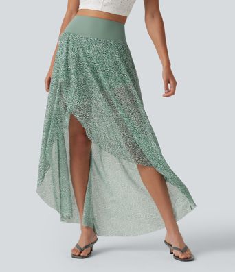 High Waisted High Low Ruffle 2-in-1 Leopard Print Mesh Maxi Skirt