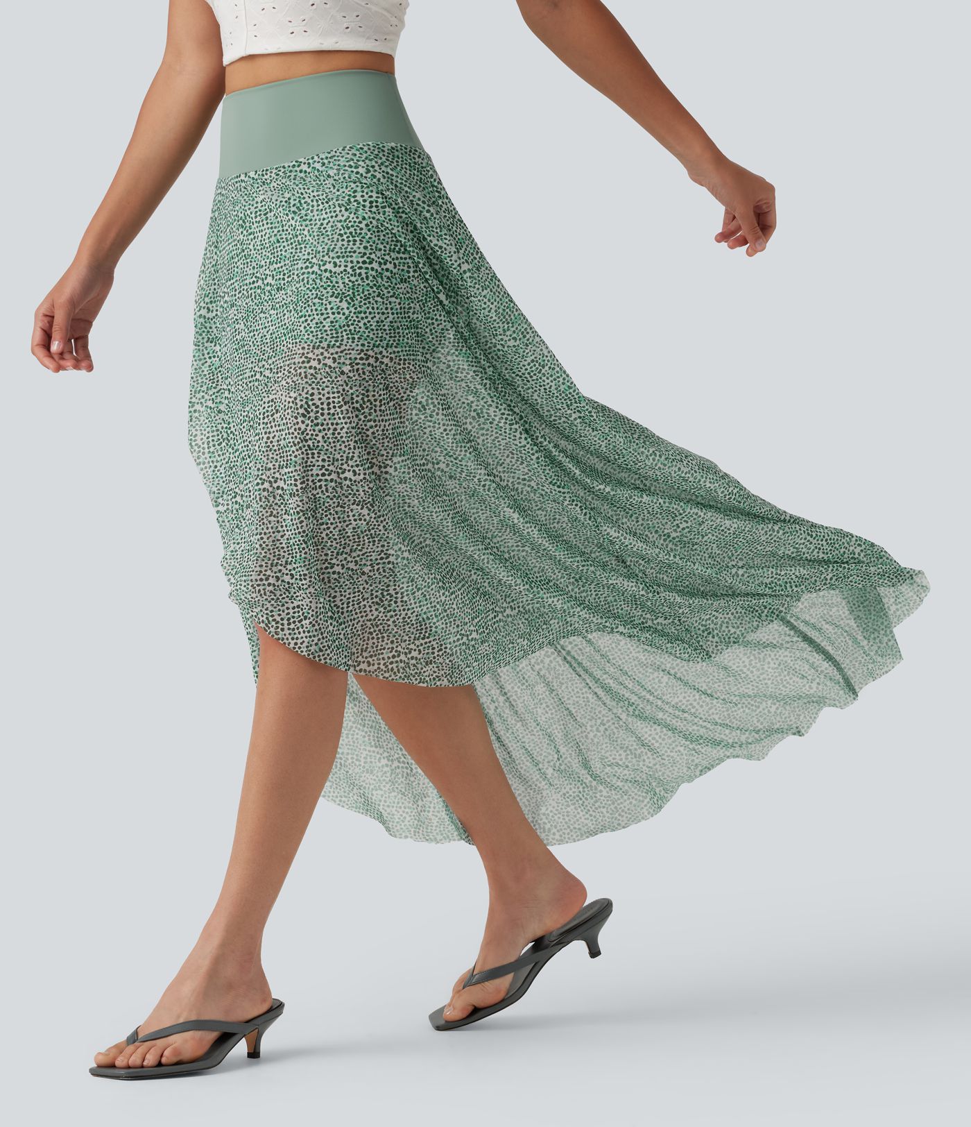High Waisted High Low Ruffle 2-in-1 Leopard Print Mesh Maxi Skirt