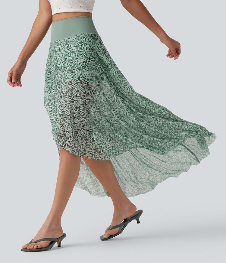 High Waisted High Low Ruffle 2-in-1 Leopard Print Mesh Maxi Skirt