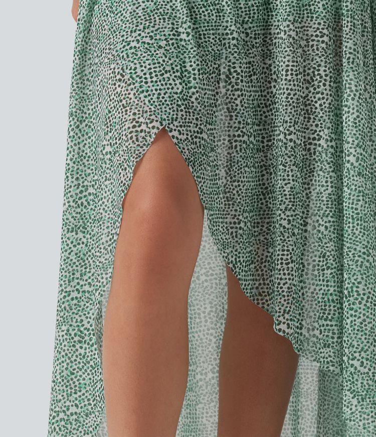 High Waisted High Low Ruffle 2-in-1 Leopard Print Mesh Maxi Skirt