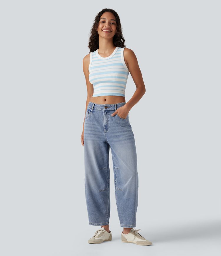 Halara Flex™ Low Rise Zipper Pockets Barrel Leg Casual Jeans Halara Flex™ Low Rise Zipper Pockets Barrel Leg Casual Jeans