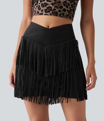 Crossover High Waisted 2-in-1 Fringe Hem Bodycon Mini Suede Party Skirt-Longer Length Crossover High Waisted 2-in-1 Fringe Hem Bodycon Mini Suede Party Skirt-Longer Length