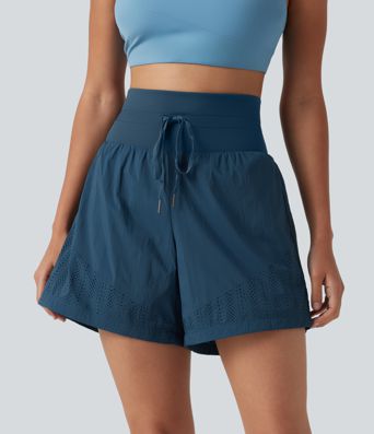 High Waisted Drawstring Eyelet Running Shorts 5'' with Pocket High Waisted Drawstring Eyelet Running Shorts 5'' with Pocket
