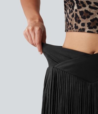 Crossover High Waisted 2-in-1 Fringe Hem Bodycon Mini Suede Party Skirt-Longer Length Crossover High Waisted 2-in-1 Fringe Hem Bodycon Mini Suede Party Skirt-Longer Length