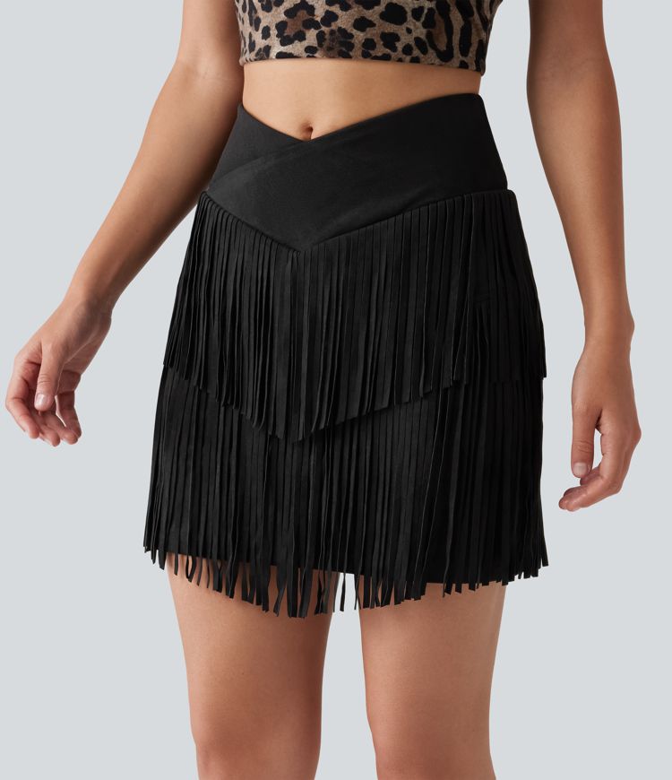 Crossover High Waisted 2-in-1 Fringe Hem Bodycon Mini Suede Party Skirt-Longer Length Crossover High Waisted 2-in-1 Fringe Hem Bodycon Mini Suede Party Skirt-Longer Length