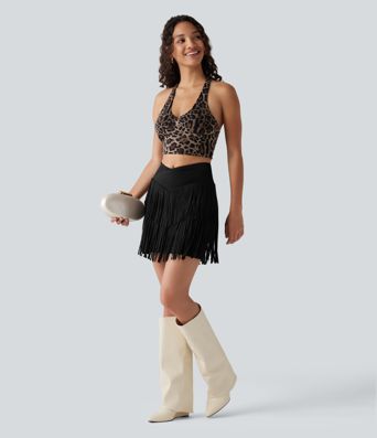 Crossover High Waisted 2-in-1 Fringe Hem Bodycon Mini Suede Party Skirt-Longer Length Crossover High Waisted 2-in-1 Fringe Hem Bodycon Mini Suede Party Skirt-Longer Length