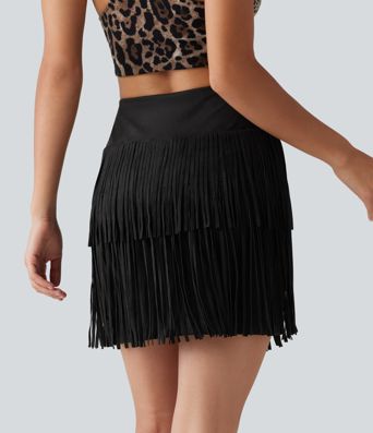 Crossover High Waisted 2-in-1 Fringe Hem Bodycon Mini Suede Party Skirt-Longer Length Crossover High Waisted 2-in-1 Fringe Hem Bodycon Mini Suede Party Skirt-Longer Length