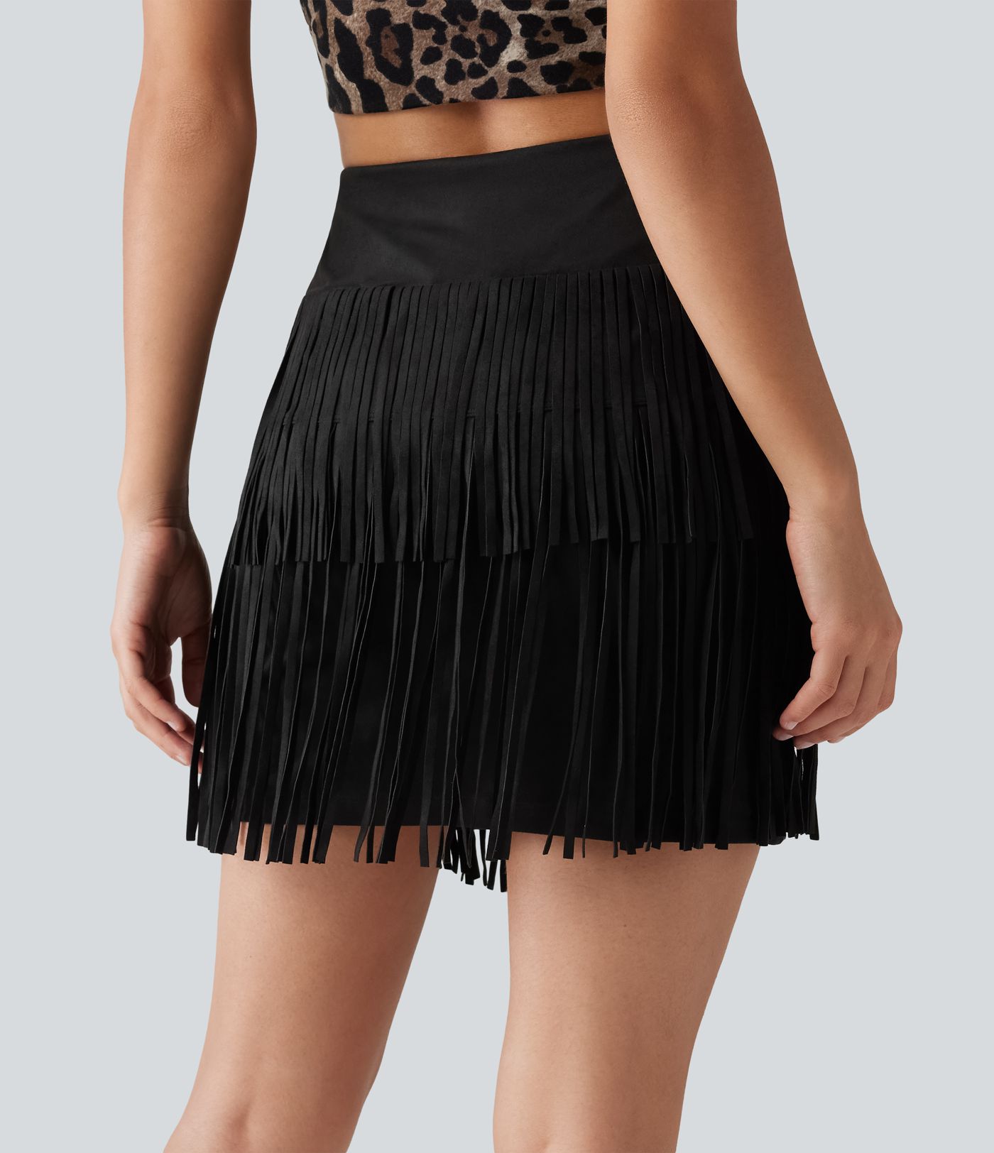Crossover High Waisted 2-in-1 Fringe Hem Bodycon Mini Suede Party Skirt-Longer Length Crossover High Waisted 2-in-1 Fringe Hem Bodycon Mini Suede Party Skirt-Longer Length