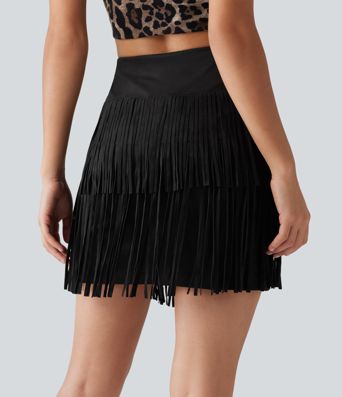 Crossover High Waisted 2-in-1 Fringe Hem Bodycon Mini Suede Party Skirt-Longer Length Crossover High Waisted 2-in-1 Fringe Hem Bodycon Mini Suede Party Skirt-Longer Length