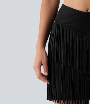 Crossover High Waisted 2-in-1 Fringe Hem Bodycon Mini Suede Party Skirt-Longer Length Crossover High Waisted 2-in-1 Fringe Hem Bodycon Mini Suede Party Skirt-Longer Length