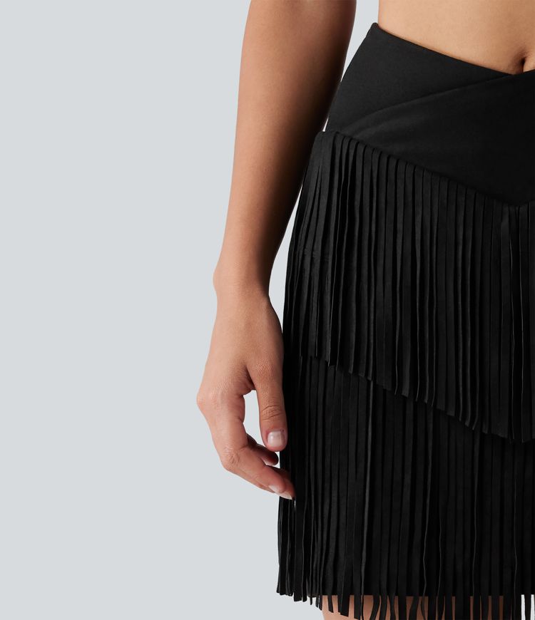 Crossover High Waisted 2-in-1 Fringe Hem Bodycon Mini Suede Party Skirt-Longer Length Crossover High Waisted 2-in-1 Fringe Hem Bodycon Mini Suede Party Skirt-Longer Length