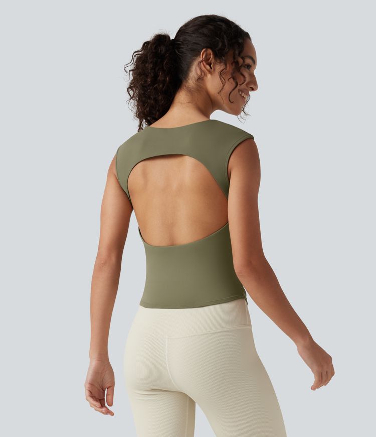 SoftlyZero™ Airy Boat Neck Cut Out Built-in Bra Ruched Cool Touch Yoga Tank Top