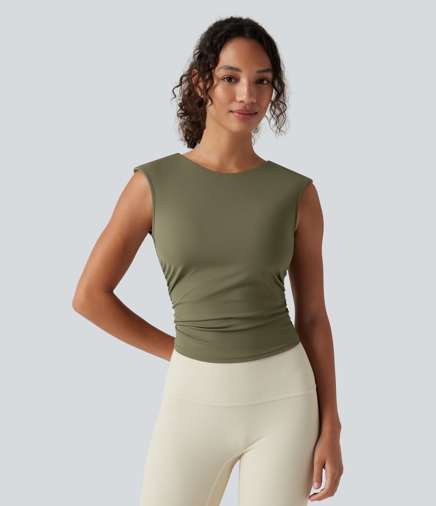 SoftlyZero™ Airy Boat Neck Cut Out Built-in Bra Ruched Cool Touch Yoga Tank Top