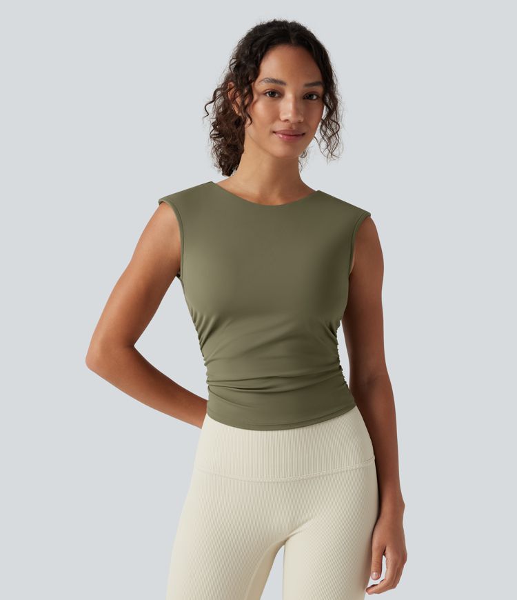 SoftlyZero™ Airy Boat Neck Cut Out Built-in Bra Ruched Cool Touch Yoga Tank Top