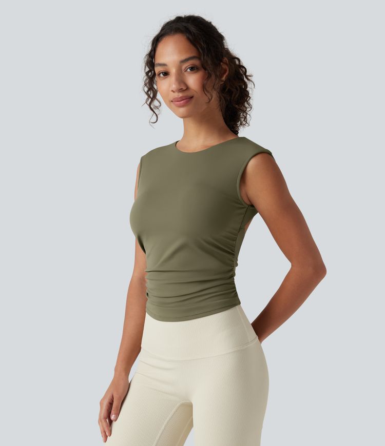 SoftlyZero™ Airy Boat Neck Cut Out Built-in Bra Ruched Cool Touch Yoga Tank Top
