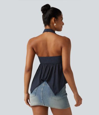 Halter Backless Ruffle Hem Built-in Bra Casual Lace Blouse Halter Backless Ruffle Hem Built-in Bra Casual Lace Blouse