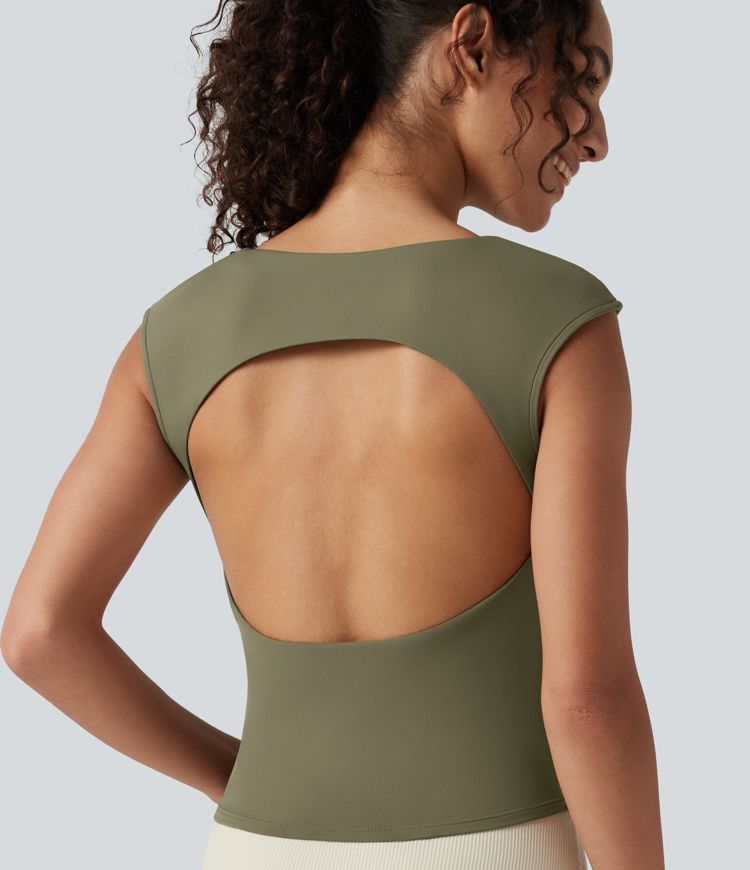 SoftlyZero™ Airy Boat Neck Cut Out Built-in Bra Ruched Cool Touch Yoga Tank Top