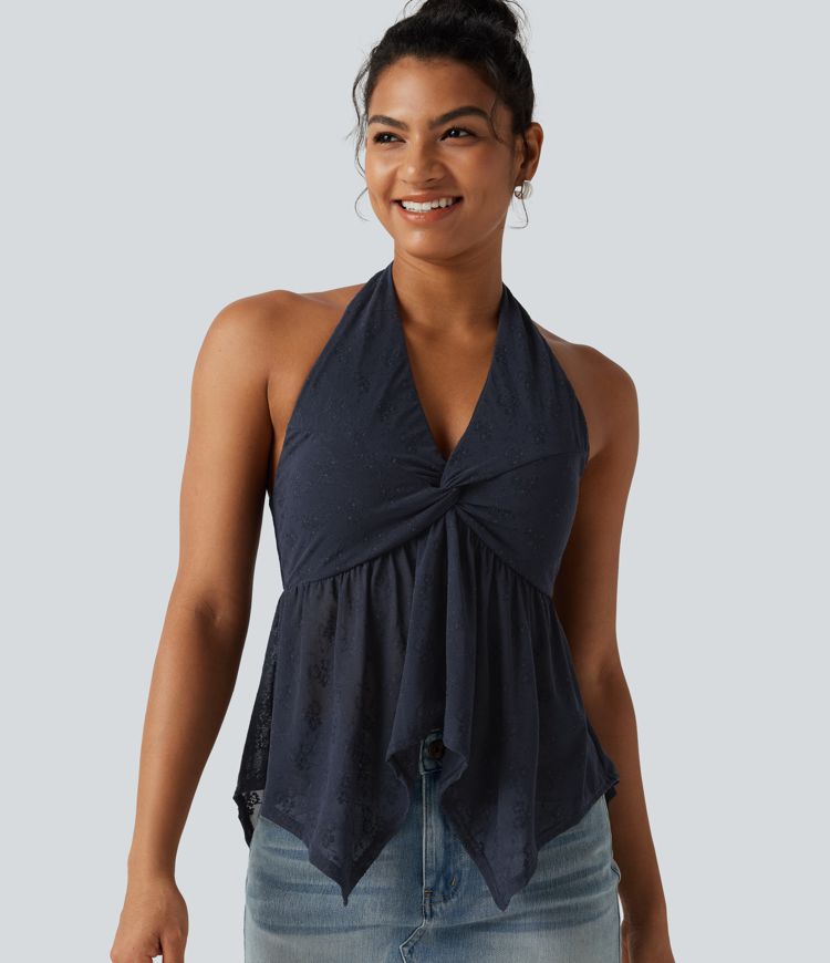 Halter Backless Ruffle Hem Built-in Bra Casual Lace Blouse Halter Backless Ruffle Hem Built-in Bra Casual Lace Blouse