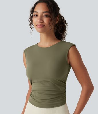 SoftlyZero™ Airy Boat Neck Cut Out Built-in Bra Ruched Cool Touch Yoga Tank Top
