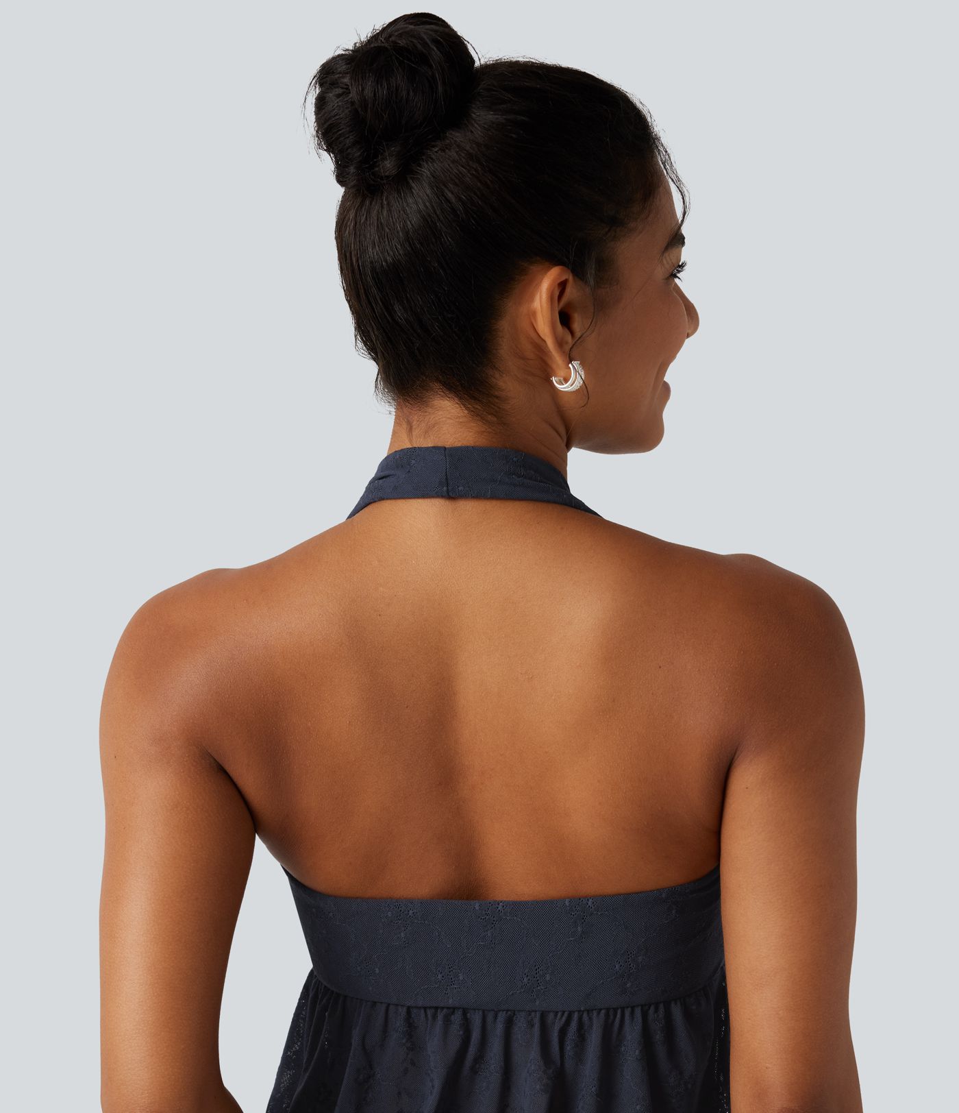 Halter Backless Ruffle Hem Built-in Bra Casual Lace Blouse Halter Backless Ruffle Hem Built-in Bra Casual Lace Blouse