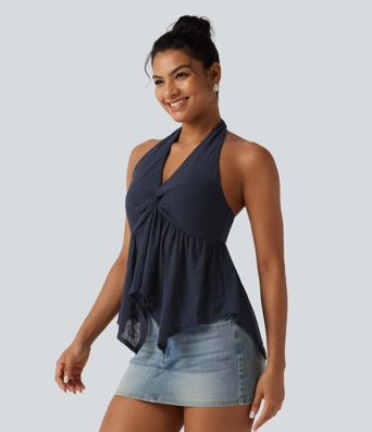 Halter Backless Ruffle Hem Built-in Bra Casual Lace Blouse Halter Backless Ruffle Hem Built-in Bra Casual Lace Blouse