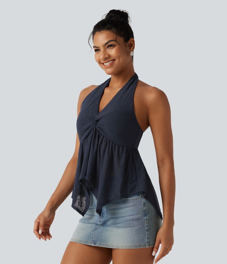 Halter Backless Ruffle Hem Built-in Bra Casual Lace Blouse Halter Backless Ruffle Hem Built-in Bra Casual Lace Blouse