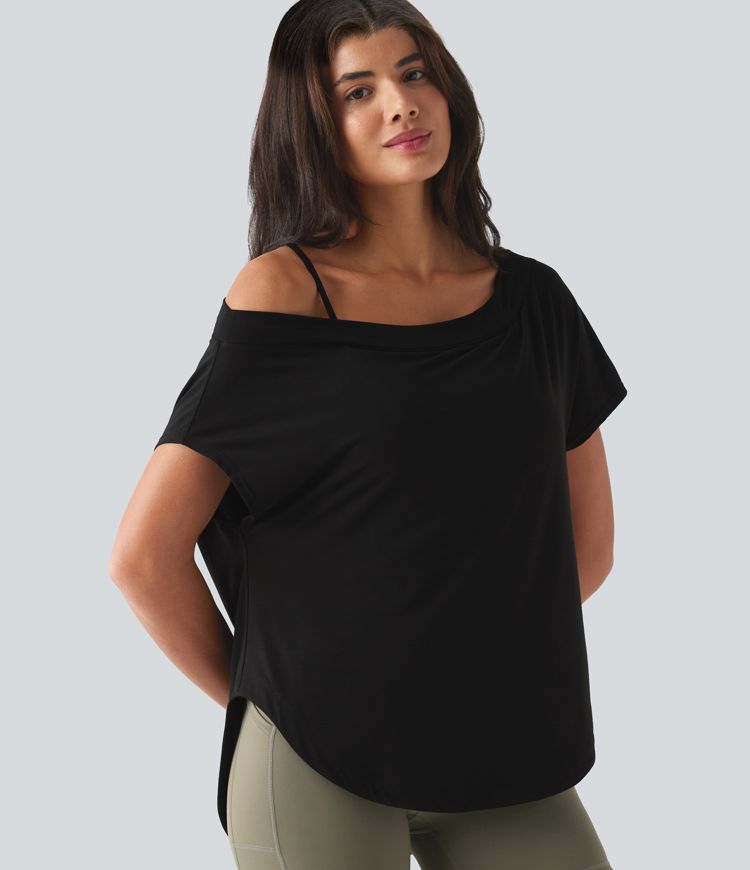 One Shoulder Short Sleeve Curved Hem High Low Built-in Bra Quick Dry Yoga Sports Top One Shoulder Short Sleeve Curved Hem High Low Built-in Bra Quick Dry Yoga Sports Top