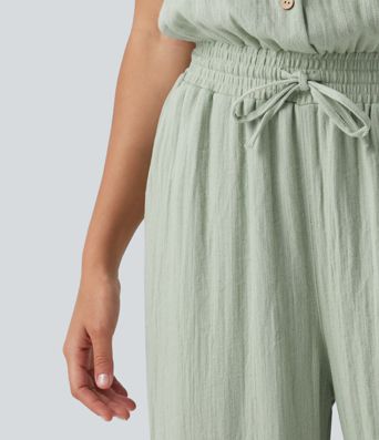Short Sleeve Drawstring Baggy Casual Linen-Feel Jumpsuit with Pockets