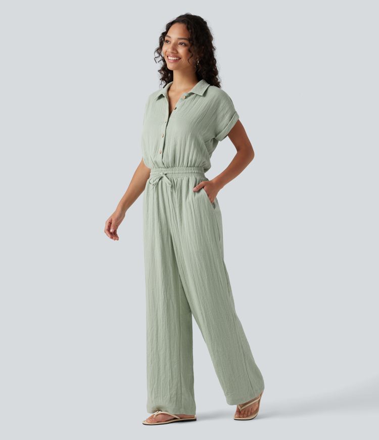 Short Sleeve Drawstring Baggy Casual Linen-Feel Jumpsuit with Pockets