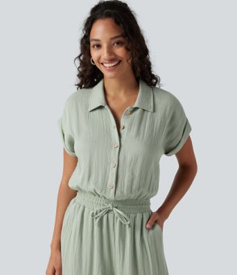 Short Sleeve Drawstring Baggy Casual Linen-Feel Jumpsuit with Pockets