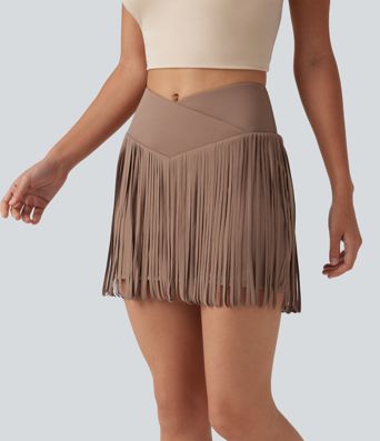 Jupe de soirée mini 2-en-1 moulante Halara UltraSculpt™ Cool à séchage rapide taille haute croisée avec ourlet à franges - UPF50+