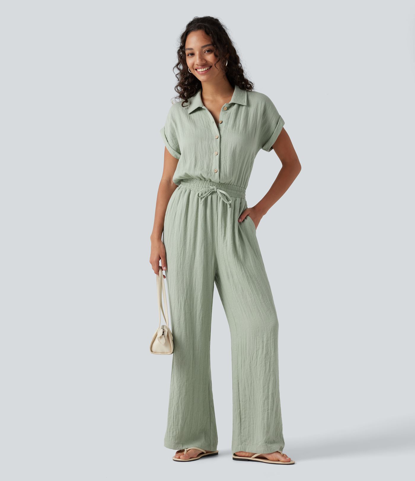 Short Sleeve Drawstring Baggy Casual Linen-Feel Jumpsuit with Pockets