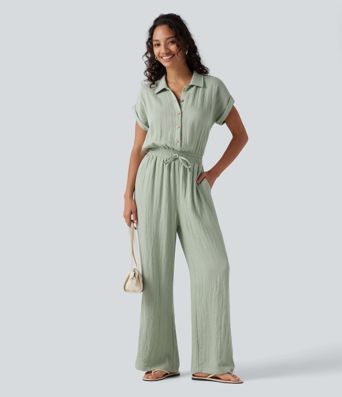 Short Sleeve Drawstring Baggy Casual Linen-Feel Jumpsuit with Pockets
