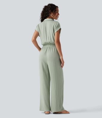 Short Sleeve Drawstring Baggy Casual Linen-Feel Jumpsuit with Pockets