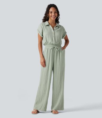 Short Sleeve Drawstring Baggy Casual Linen-Feel Jumpsuit with Pockets