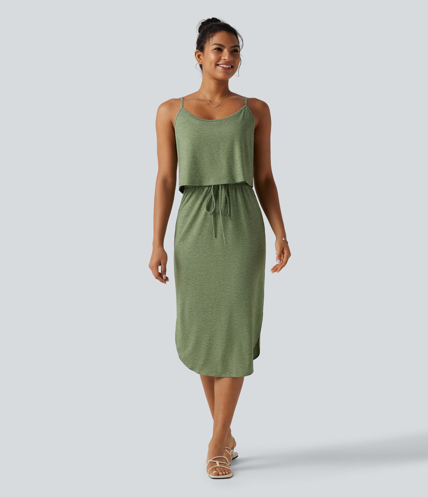 Robe nuisette midi casual à ourlet courbé fendu et cordon de serrage Robe nuisette midi casual à ourlet courbé fendu et cordon de serrage