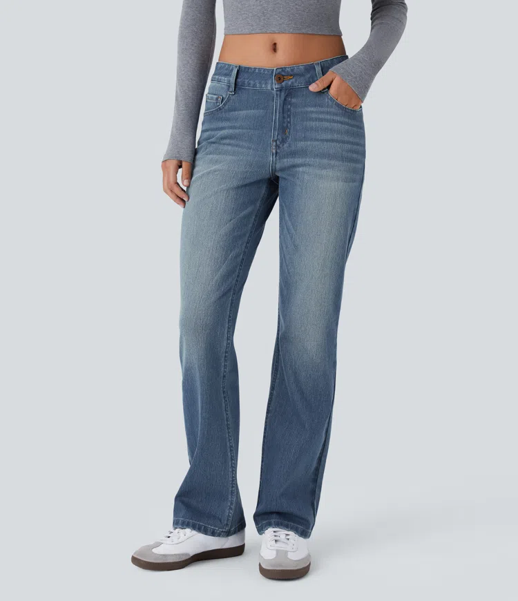 Light Azure Blue Denim Halara Flex™ Low Rise Zipper Pockets Washed Casual Bootcut Jeans / 1
