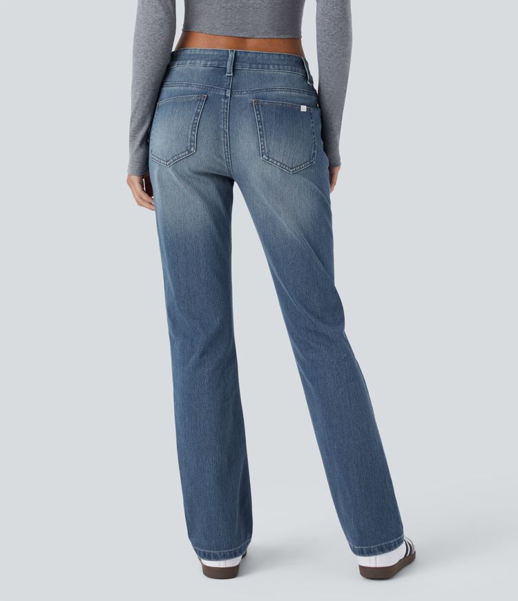 Halara Flex™ Lässige verwaschene Bootcut-Jeans aus elastischem Strick-Denim mit niedrigem Bund, Knopf, Reißverschluss und mehreren Taschen