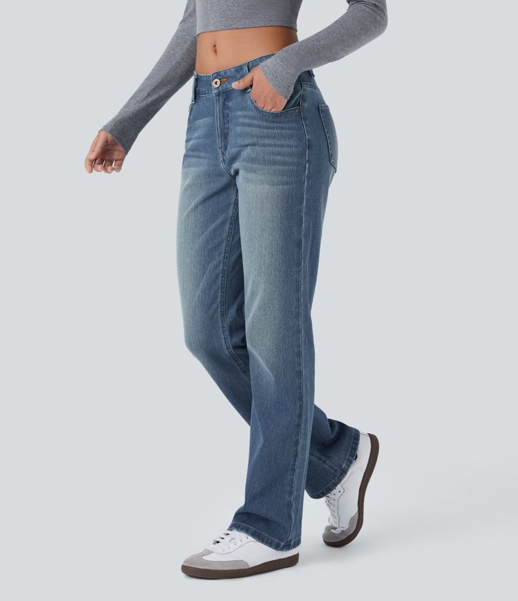 Halara Flex™ Low Rise Zipper Pockets Washed Casual Bootcut Jeans