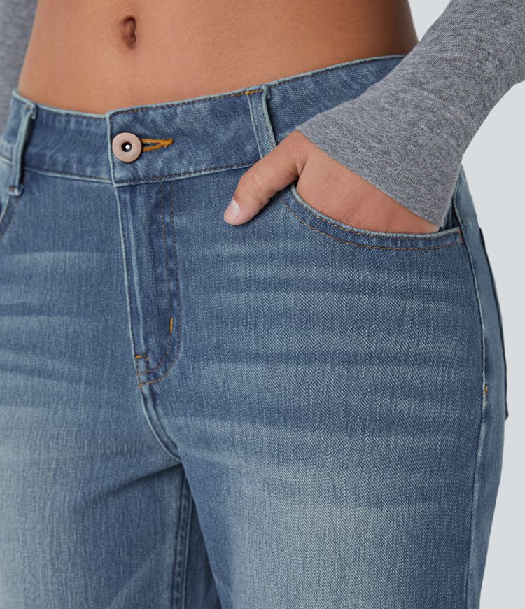 Halara Flex™ Low Rise Zipper Pockets Washed Casual Bootcut Jeans