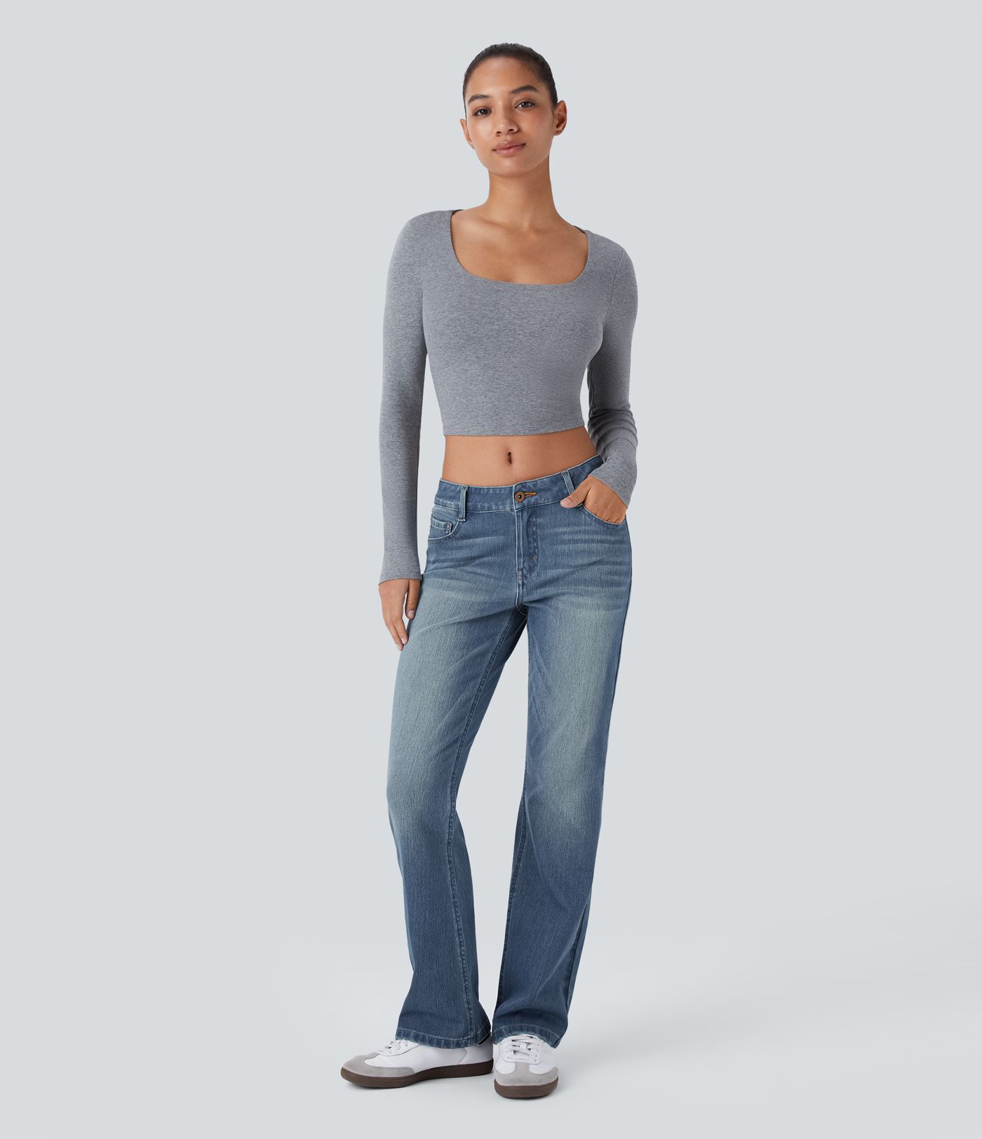 Halara Flex™ Low Rise Zipper Pockets Washed Casual Bootcut Jeans