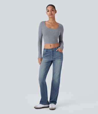 Halara Flex™ Low Rise Zipper Pockets Washed Casual Bootcut Jeans