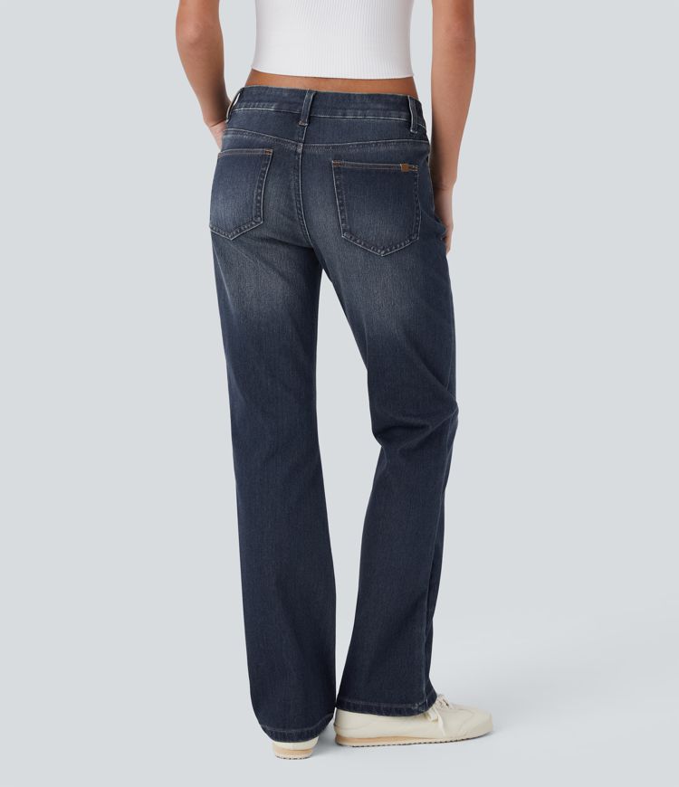 Halara Flex™ Niedrige Taille Reißverschluss-Taschen Gewaschene Lässige Bootcut-Jeans