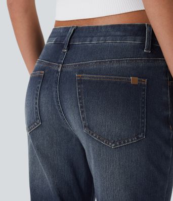Halara Flex™ Niedrige Taille Reißverschluss-Taschen Gewaschene Lässige Bootcut-Jeans