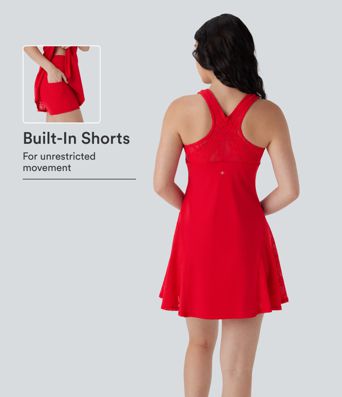 SoftlyZero™ Airy Racerback Contrast Lace Mini 2-piece Set Cool Touch Yoga Active Dress with Pocket-UPF50+
