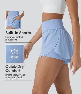 SoftlyZero™ QuickDry High Waisted Tummy Control Reflective Dots Crossover Hem 2-in-1 Running Shorts 3'' with Pockets