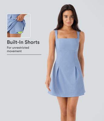 Softlyzero™ QuickDry Quadratischer Ausschnitt Ärmelloses 2-in-1 Seitentaschen Mini Tennis Aktives Kleid