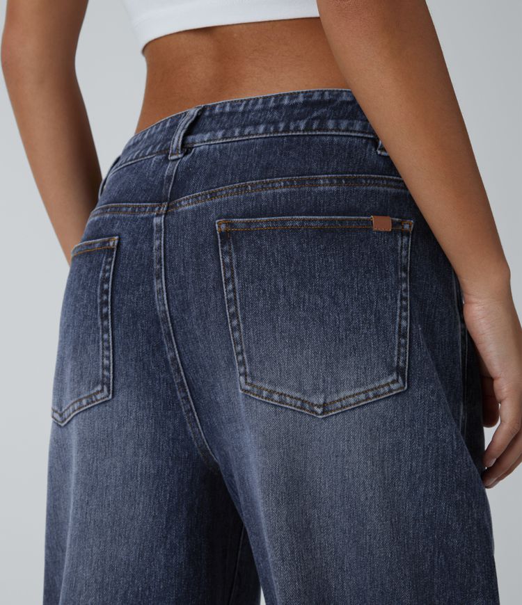 Halara Flex™ Barrel-Leg-Jeans aus elastischem Strick-Denim mit niedrigem Bund, Knopf, Reißverschluss und mehreren Taschen