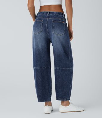 Halara Flex™ Barrel-Leg-Jeans aus elastischem Strick-Denim mit niedrigem Bund, Knopf, Reißverschluss und mehreren Taschen