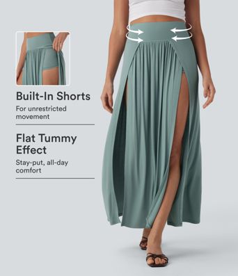 SoCinched falda maxi casual 2 en 1, acanalada, de cintura alta, con control de abdomen y drapeada